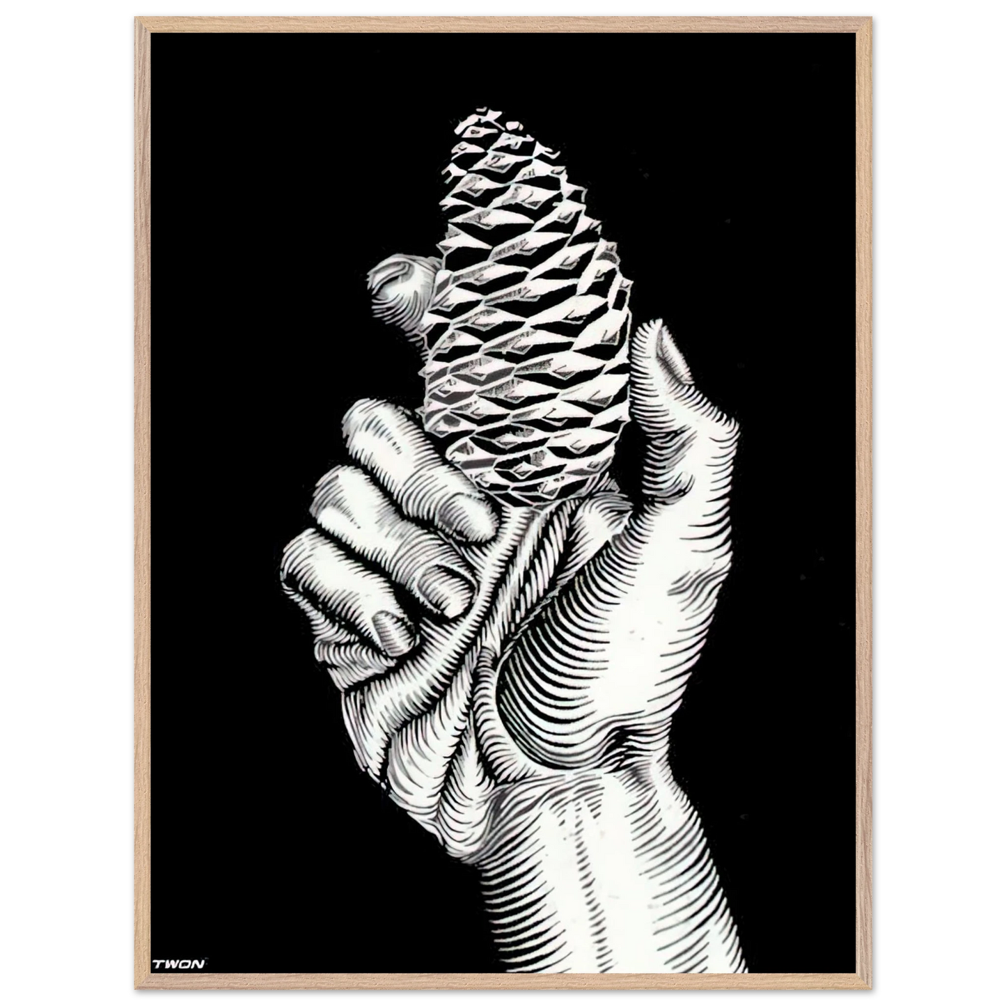 MC Escher - HAND WITH FIR CONE Wall Art - 60x80 cm / 24x32 inches - Premium Wooden Framed Poster With Fine Art Paper - Wood frame
