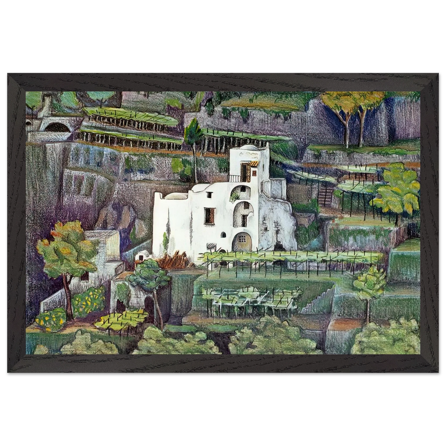 MC Escher - FARMHOUSE RAVELLO COLOUR Wall Art - 21x29.7 cm / 8x12" - Premium Wooden Framed Poster With Fine Art Paper - Wood frame