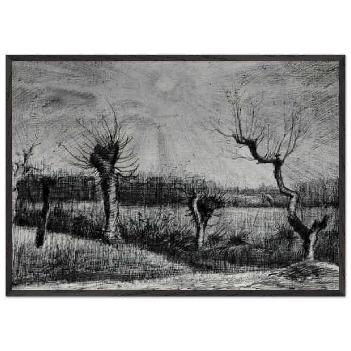 Landscape with Willows and Sun Shining Through the Clouds - Vincent van Gogh 70x100 cm / 28x40 inches Framed Art Print – Black Wooden Frame