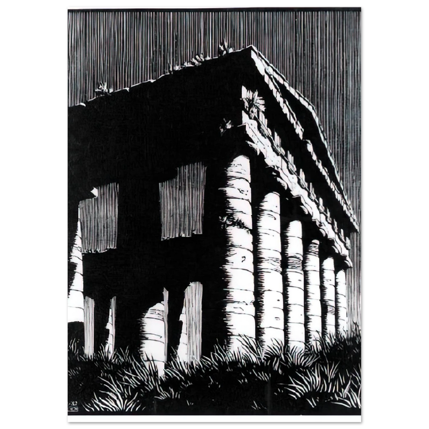 MC Escher - TEMPLE OF SEGESTE SICILY Wall Art - 21x29.7 cm / 8x12" - Premium Wooden Framed Poster With Fine Art Paper - Wood frame