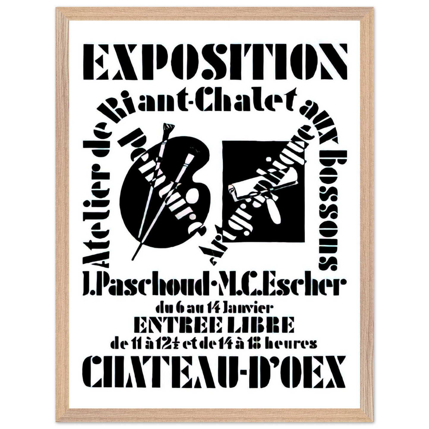 MC Escher - POSTER FOR EXHIBITION JOHN PASCHOUD AND M C ESCHER DECEMBER 1936 1936 Wall Art - 60x80 cm / 24x32 inches - Premium Wooden Framed Poster With Fine Art Paper - White frame