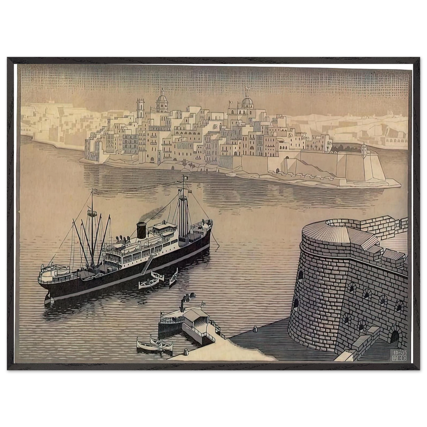 MC Escher - SENGELA MALTA Wall Art - 60x80 cm / 24x32 inches - Premium Wooden Framed Poster With Fine Art Paper - Wood frame
