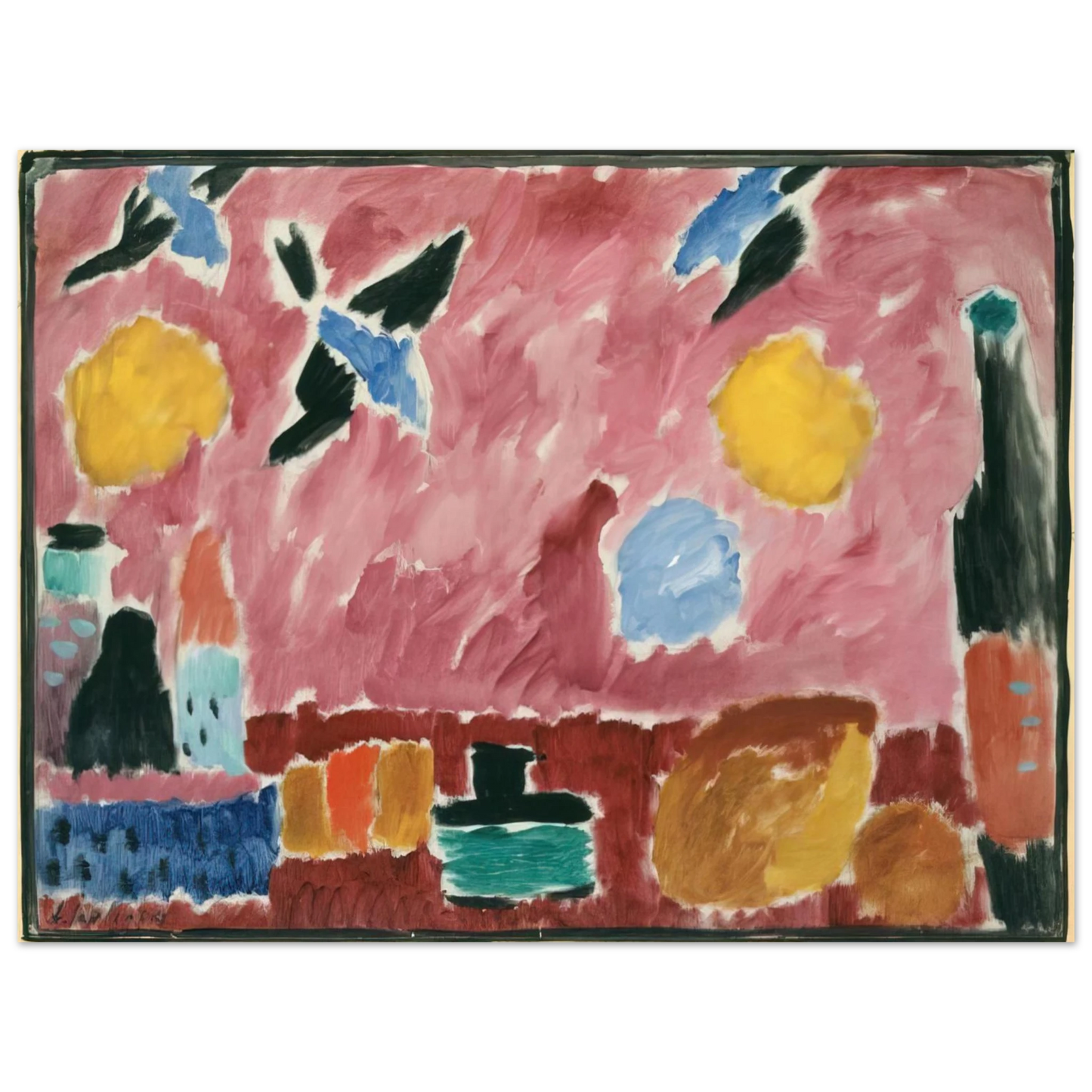 Alexej von Jawlensky - STILL LIFE WITH BOTTLE BREAD AND RED WALLPAPER WITH SWALLOWS 1915 Fine Art Poster - Default Title