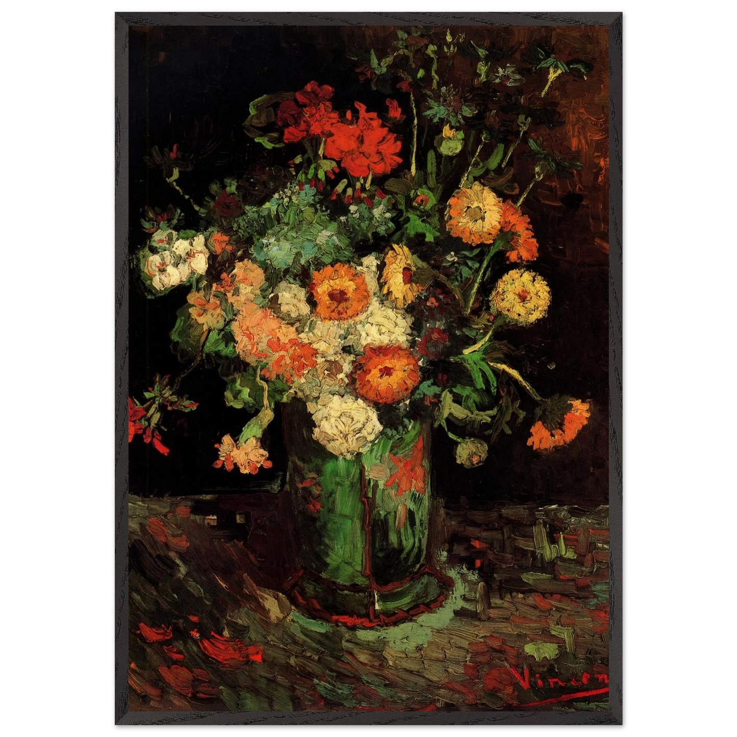 Vase with Zinnias and Geraniums - Vincent van Gogh Framed Art Print – Black Wooden Frame - Default Title - -Framed Art Print