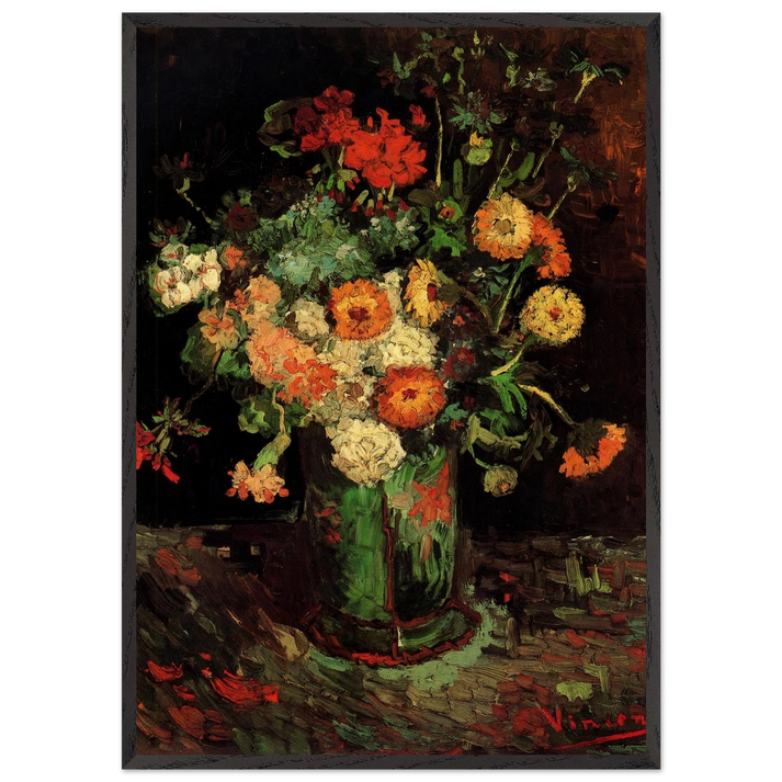 Vase with Zinnias and Geraniums - Vincent van Gogh 70x100 cm / 28x40 inches Framed Art Print – Black Wooden Frame