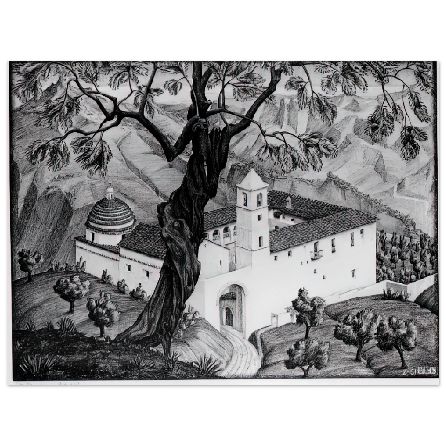 MC Escher - CLOISTER NEAR ROCCA IMPERIALE CALABRIA Wall Art - 21x29.7 cm / 8x12" - Premium Wooden Framed Poster With Fine Art Paper - Wood frame
