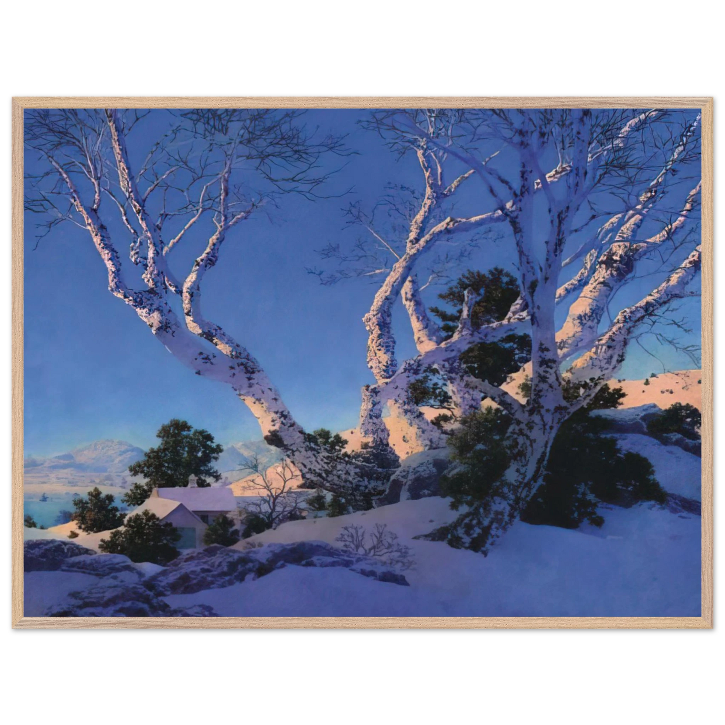 Maxfield Parrish - Birches in Winter Wall Art - 60x80 cm / 24x32 inches - Premium Wooden Framed Poster With Fine Art Paper - White frame