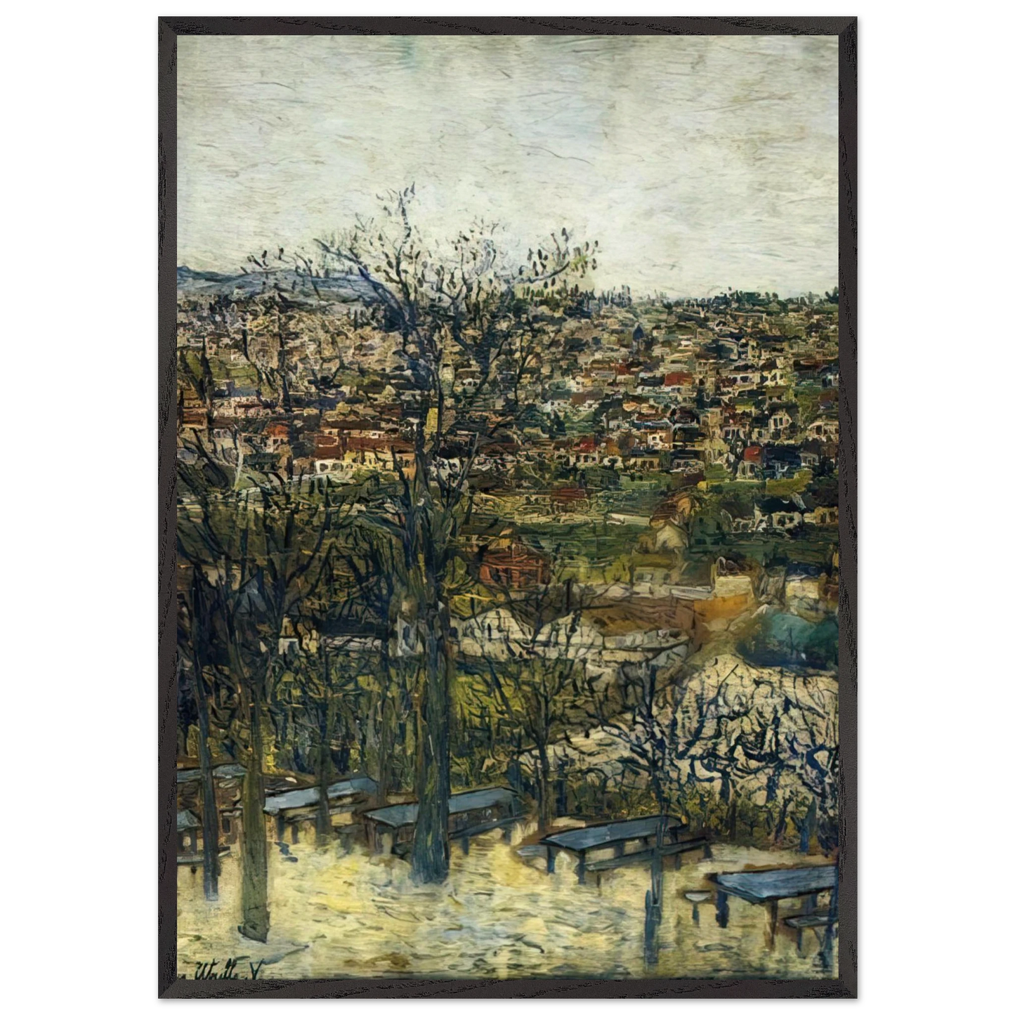 BENCHES AT MONTMAGNY VAL D OISE - Maurice Utrillo 70x100 cm / 28x40 inches Framed Art Print – Black Wooden Frame