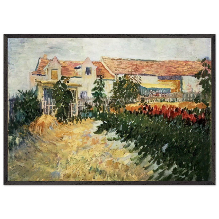House with sunflowers - Vincent van Gogh 70x100 cm / 28x40 inches Framed Art Print – Black Wooden Frame