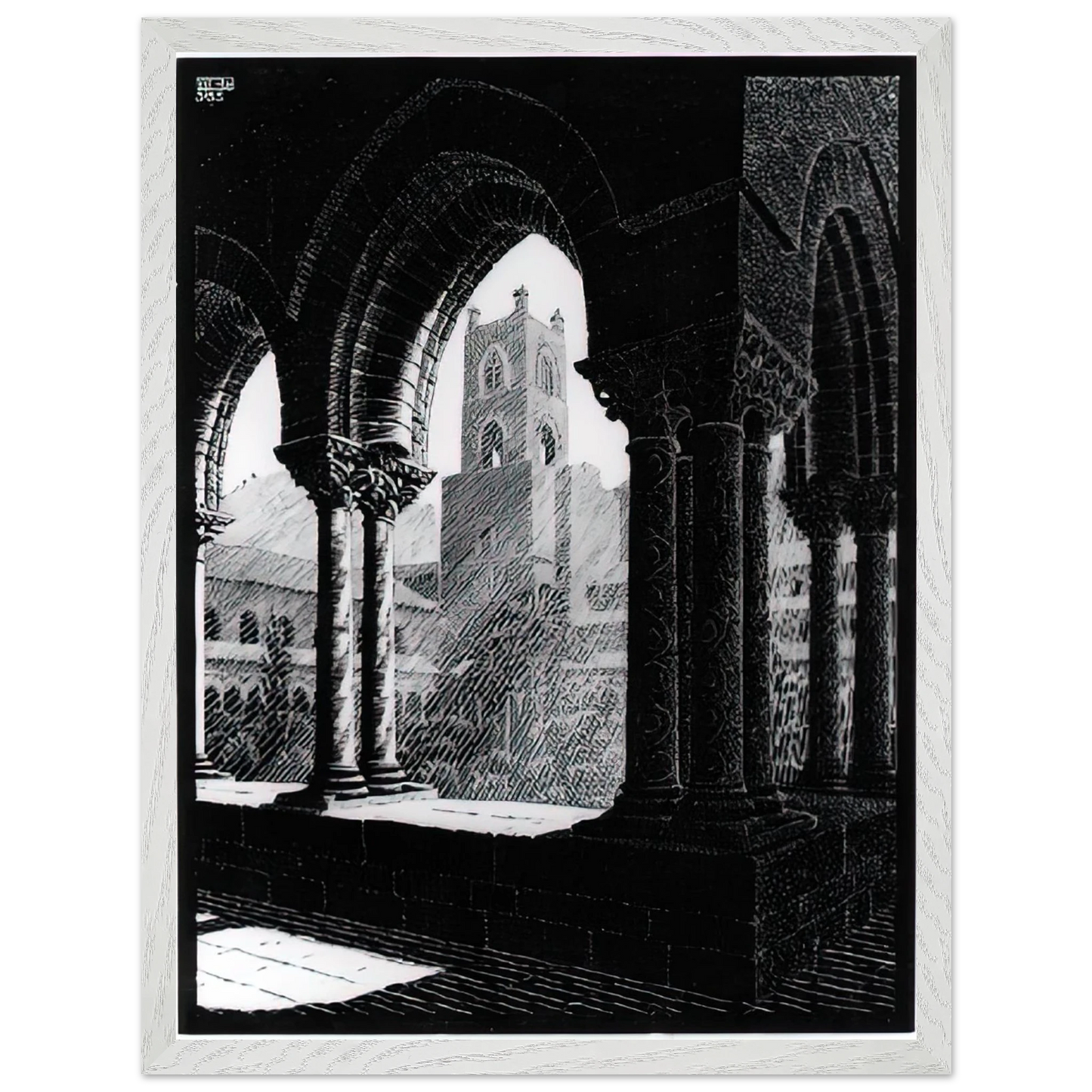 MC Escher - CLOISTER OF MONREALE SICILY Wall Art - 60x80 cm / 24x32 inches - Premium Wooden Framed Poster With Fine Art Paper - White frame