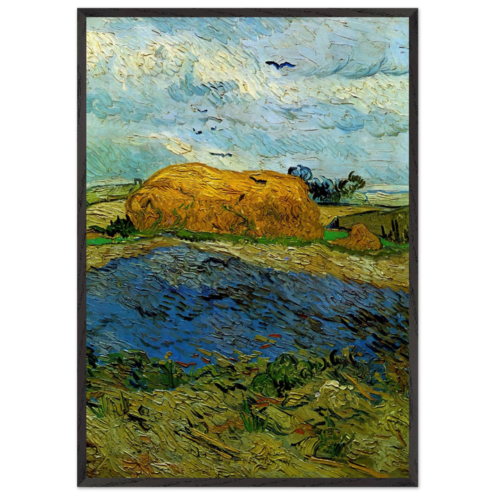 Haystack under a Rainy Sky - Vincent van Gogh 70x100 cm / 28x40 inches Framed Art Print – Black Wooden Frame