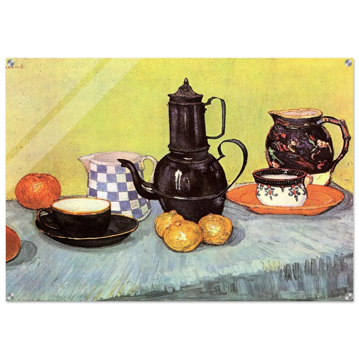 Still Life with Blue Enamel Coffeepot, Earthenware and Fruit - Vincent van Gogh Acrylic Print - 70x100 cm / 28x40″ inches | Vincent van Gogh Wall Art | Vincent van Gogh Prints