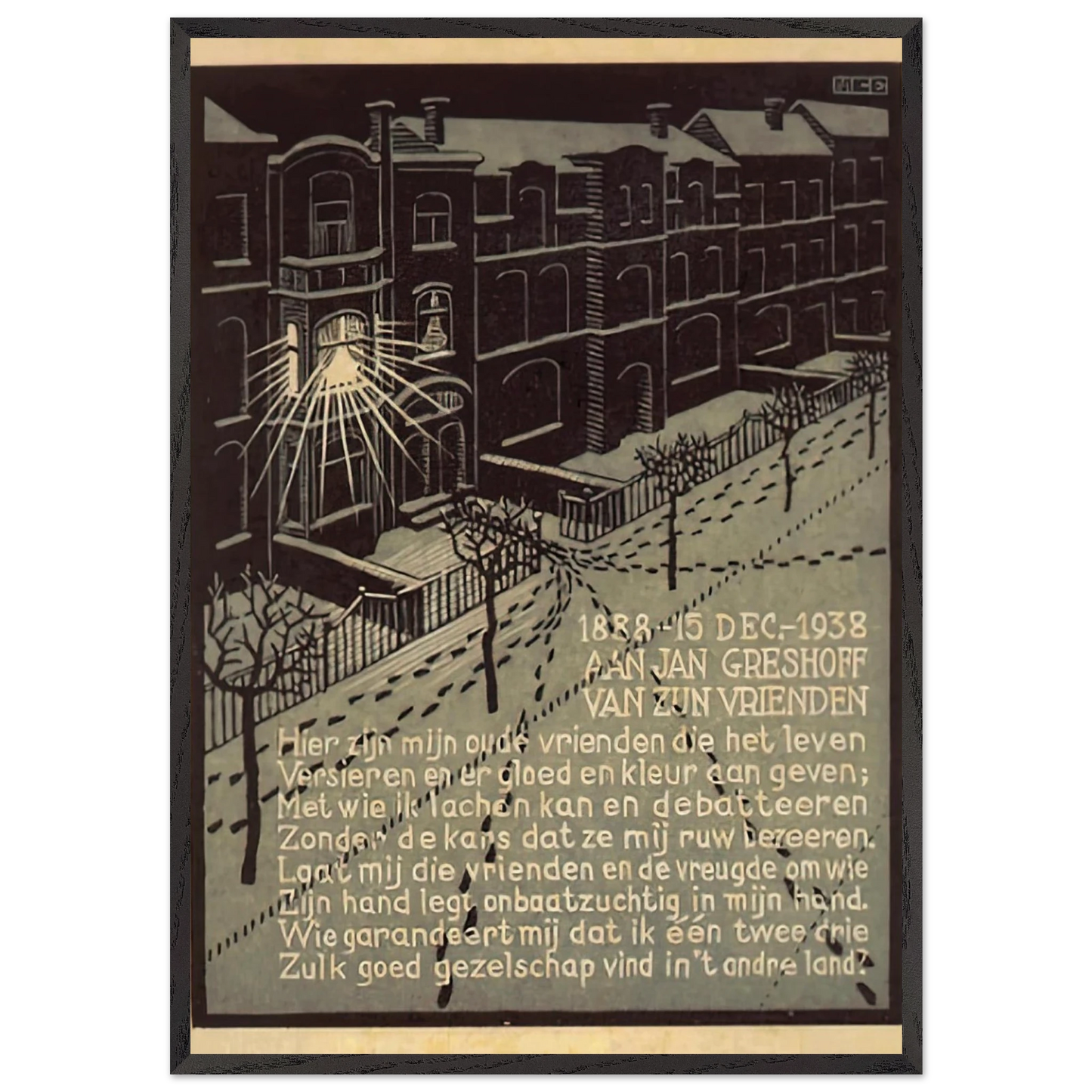 BIRTHDAY CARD FOR G GERSHOFF NOVEMBER 1938 1938 - MC Escher Framed Art Print – Black Wooden Frame - Default Title - -Framed Art Print