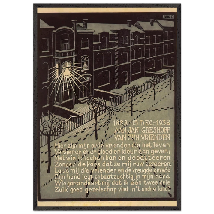 BIRTHDAY CARD FOR G GERSHOFF NOVEMBER 1938 1938 - MC Escher 70x100 cm / 28x40 inches Framed Art Print – Black Wooden Frame | Maurits Cornelis Escher Prints