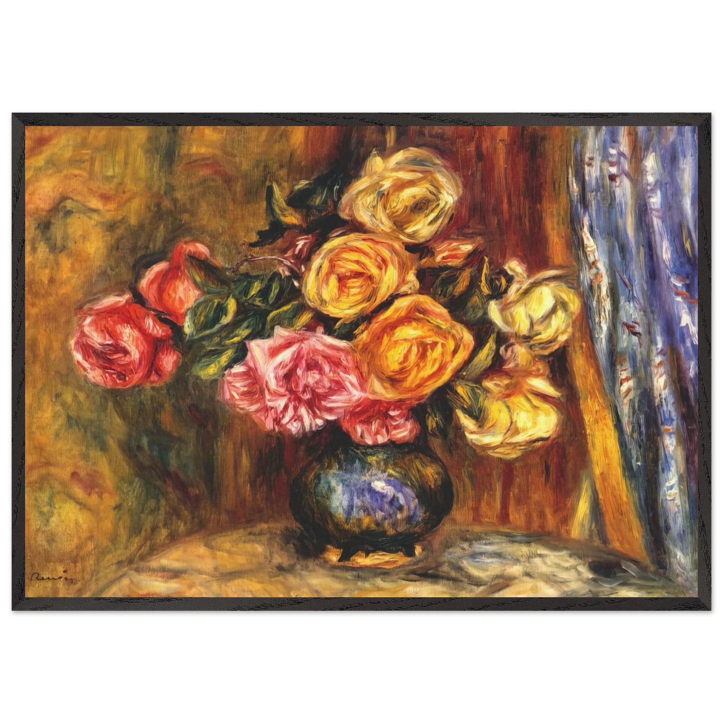 Roses in front of a blue curtain - Pierre-Auguste Renoir Framed Art Print – Black Wooden Frame - Default Title - -Framed Art Print