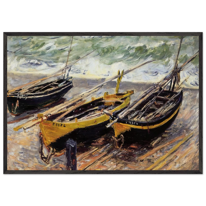 Three Fishing Boats - claude monet 70x100 cm / 28x40 inches Framed Art Print – Black Wooden Frame