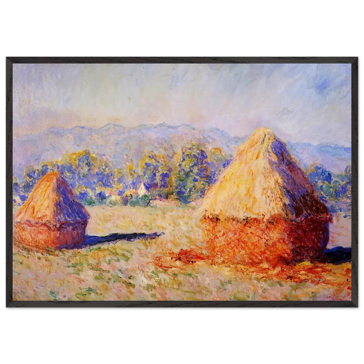 Grainstacks in the Sunlight Morning Effect - claude monet 70x100 cm / 28x40 inches Framed Art Print – Black Wooden Frame
