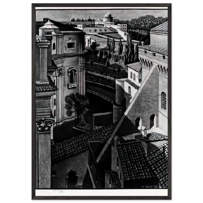 BERWEEN ST PETER AND SISTINE CHAPEL MARCH 1936 1936 - MC Escher 70x100 cm / 28x40 inches Framed Art Print – Black Wooden Frame | Maurits Cornelis Escher Prints