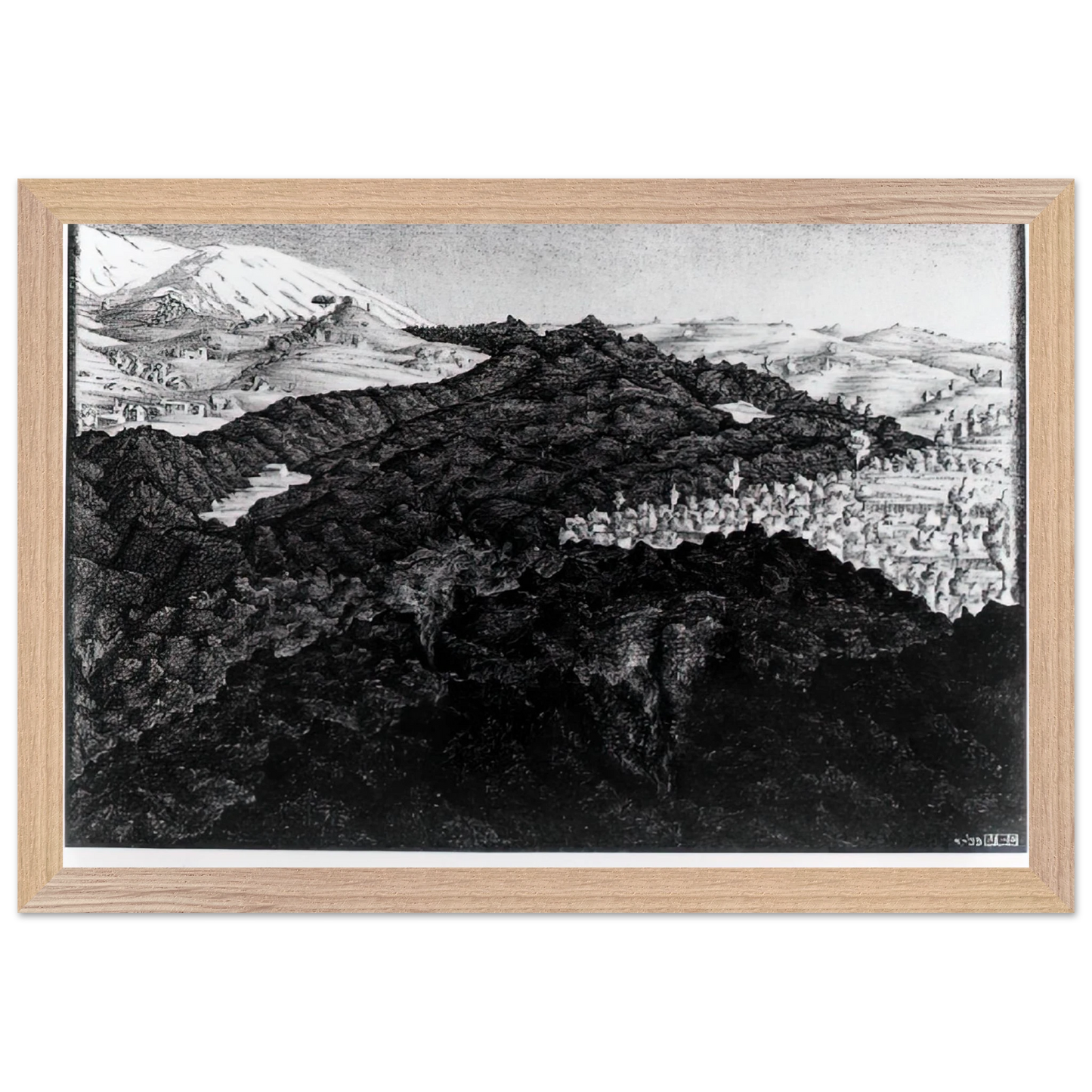 MC Escher - LAVA FLOW FROM ETNA Wall Art - 30x40 cm / 12x16 inches - Premium Wooden Framed Poster With Fine Art Paper - White frame