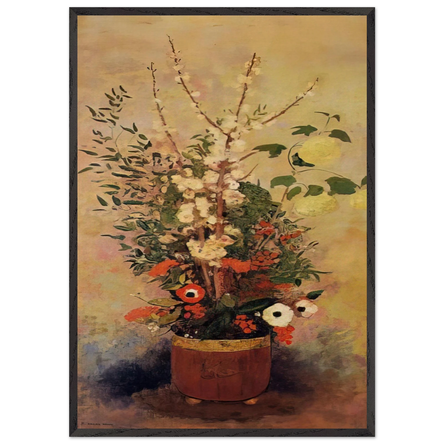 VASE OF FLOWERS WITH BRANCHES OF A FLOWERING APPLE TREE - Odilon Redon Framed Art Print – Black Wooden Frame - Default Title - -Framed Art Print