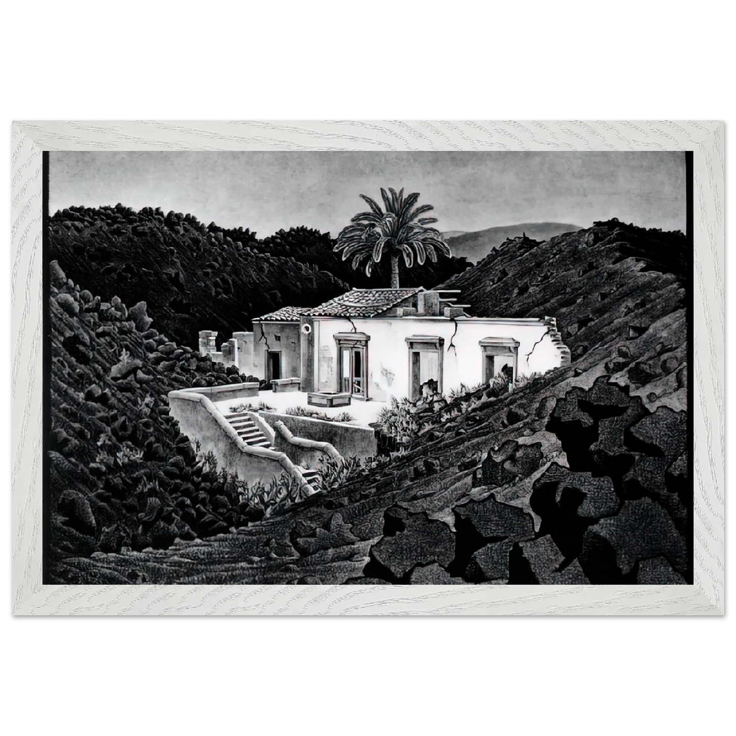 MC Escher - HOUSE IN THE LAVA NEAR NUNZIATA Wall Art - 60x80 cm / 24x32 inches - Premium Wooden Framed Poster With Fine Art Paper-canvas - Wood frame