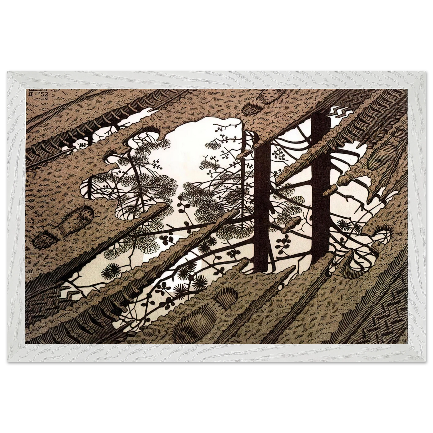 MC Escher - PUDDLE Wall Art - 21x29.7 cm / 8x12" - Premium Wooden Framed Poster With Fine Art Paper - Black frame