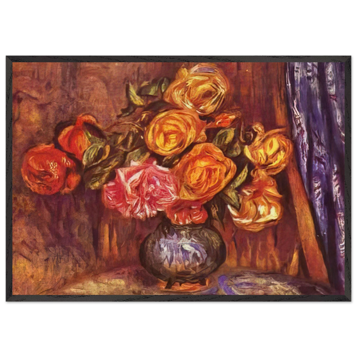 Roses Before the Blue Curtain - Pierre-Auguste Renoir 70x100 cm / 28x40 inches Framed Art Print – Black Wooden Frame