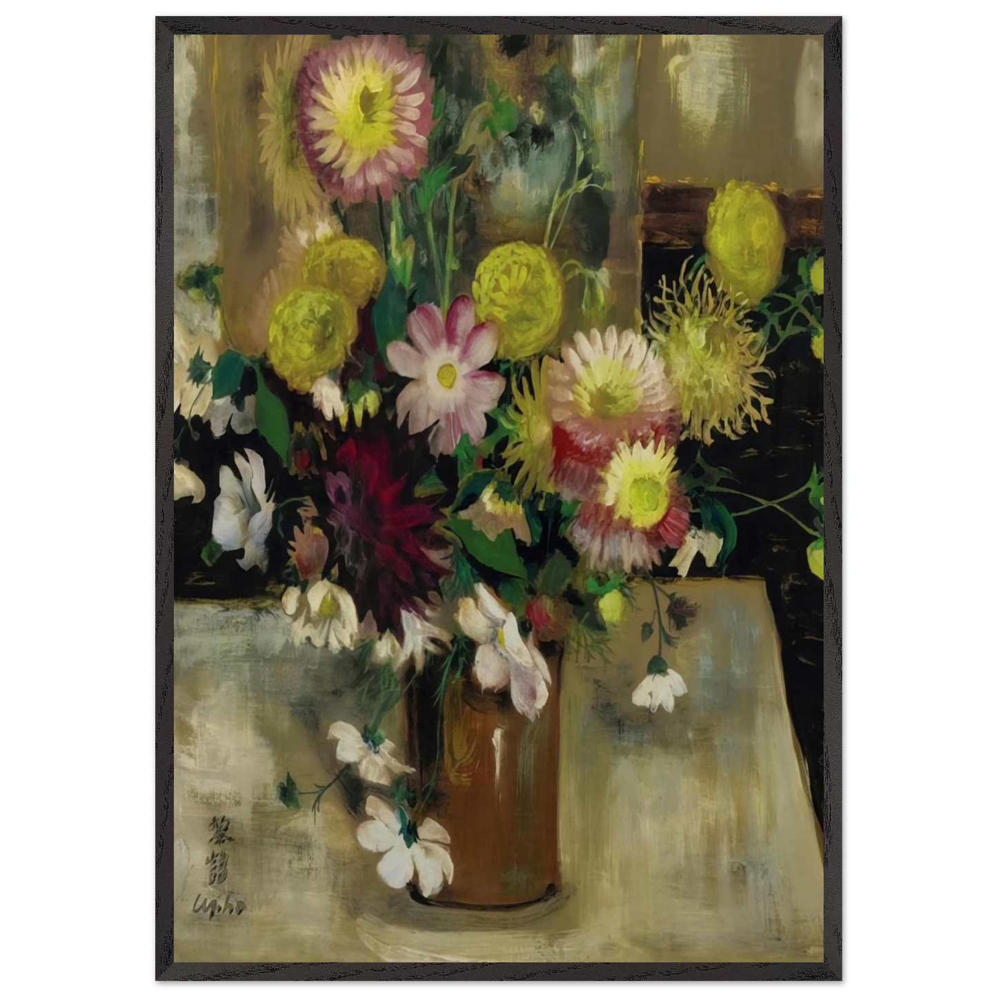 Anemones and Dahlias - Post-Impressionism - Le Pho 70x100 cm / 28x40 inches Framed Art Print – Black Wooden Frame