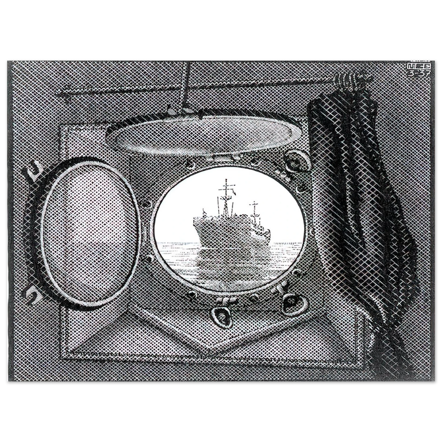 MC Escher - PORTHOLE Wall Art - 30x40 cm / 12x16 inches - Premium Wooden Framed Poster With Fine Art Paper - Wood frame