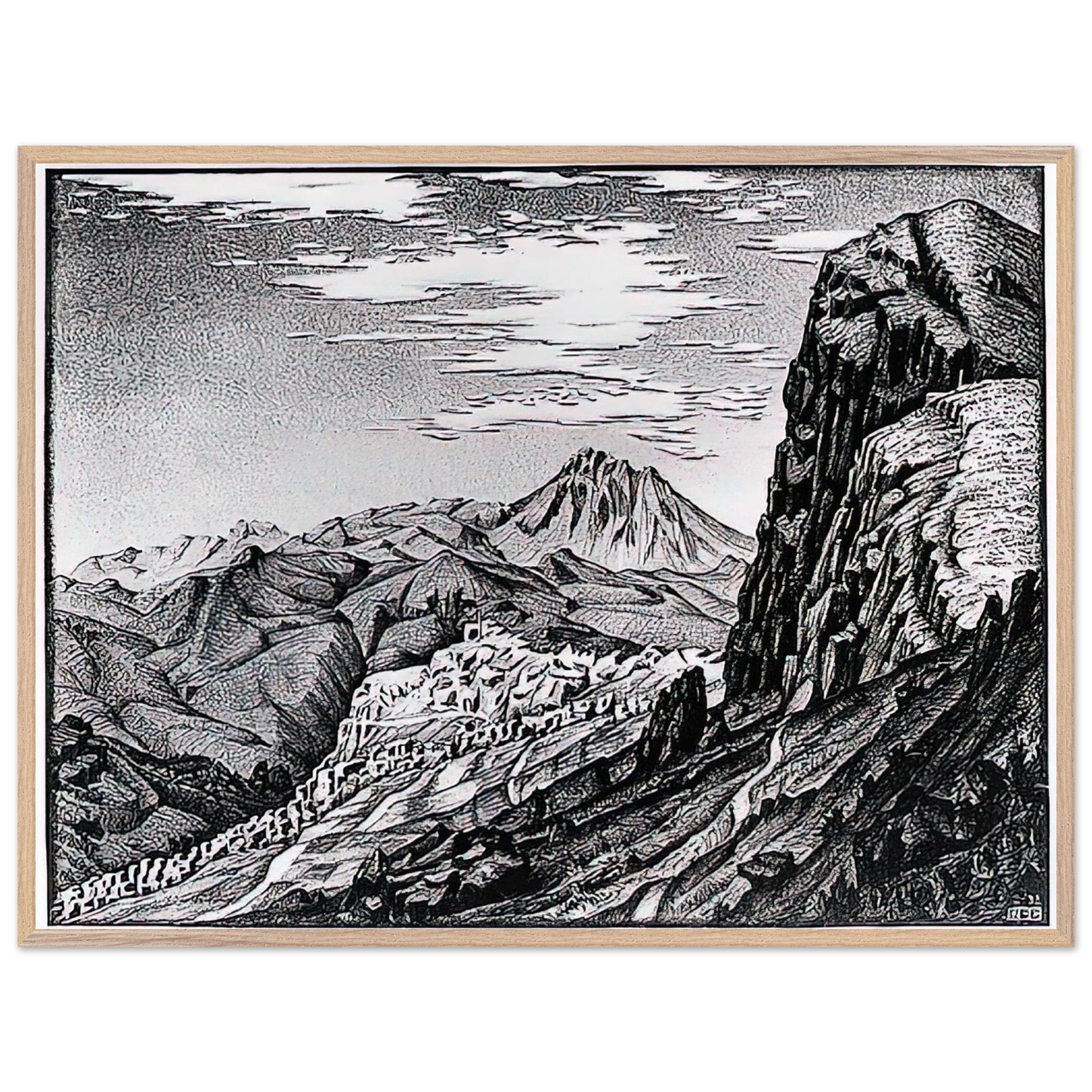 MC Escher - CALTAVUTURO IN THE MADONIE MOUNTAINS SICILY Wall Art - 30x40 cm / 12x16 inches - Premium Wooden Framed Poster With Fine Art Paper - Black frame