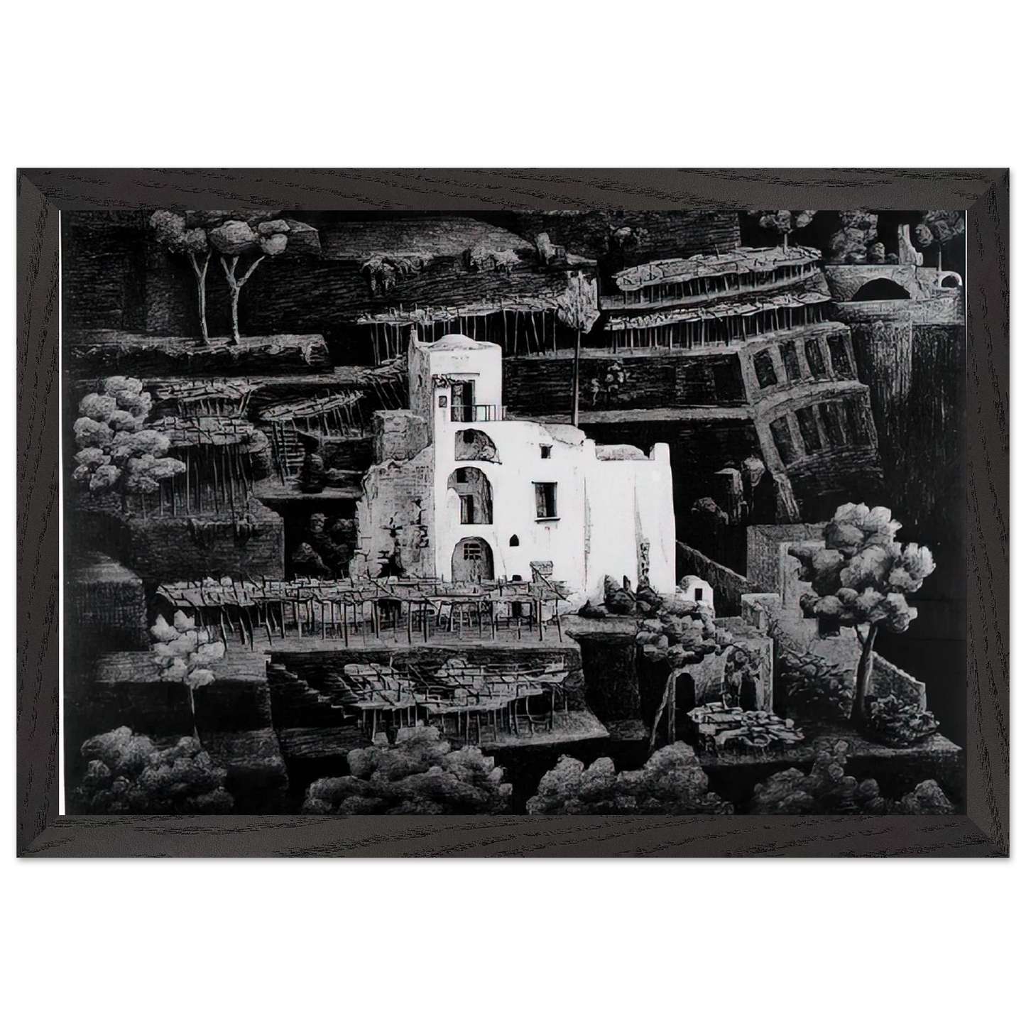 MC Escher - FARMHOUSE RAVELLO Wall Art - 60x80 cm / 24x32 inches - Premium Wooden Framed Poster With Fine Art Paper - White frame