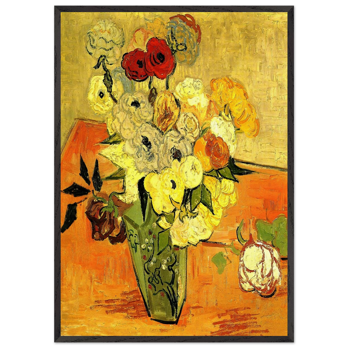 Japanese Vase with Roses and Anemones - Vincent van Gogh 70x100 cm / 28x40 inches Framed Art Print – Black Wooden Frame