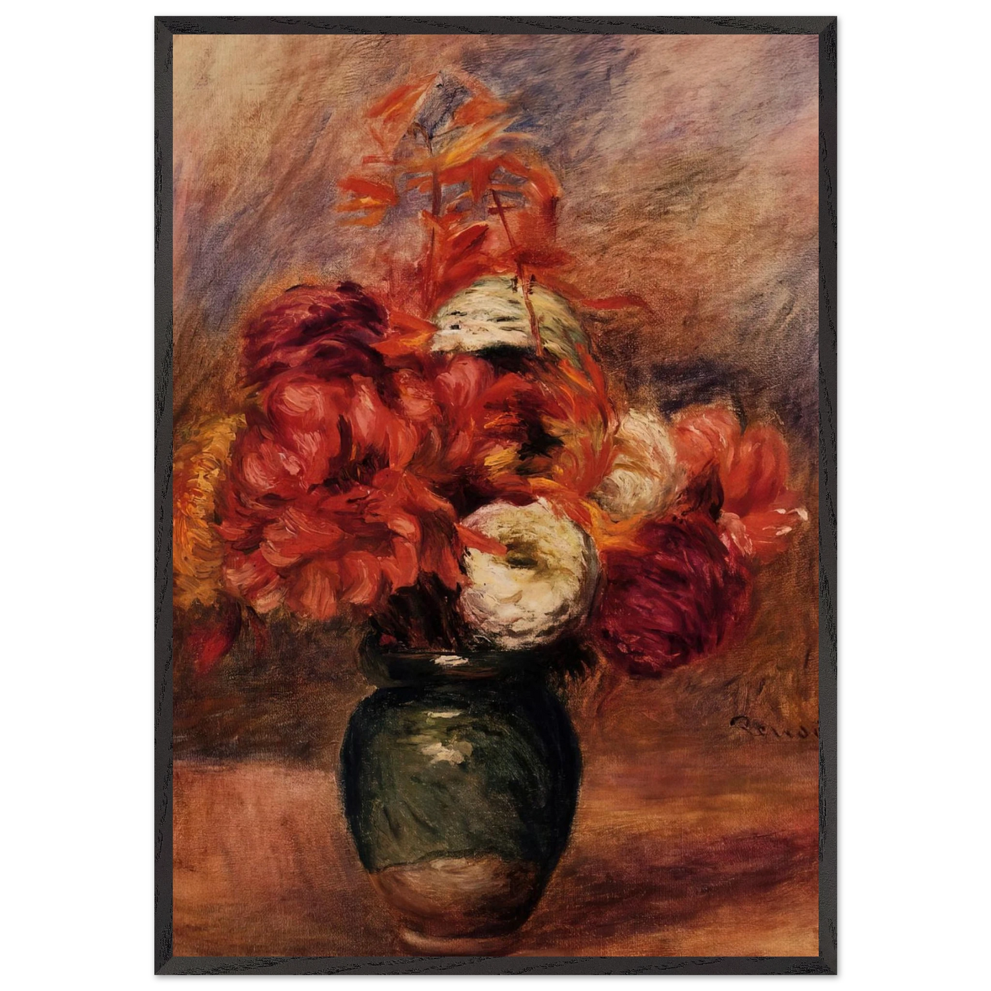 Flowers in a Green Vase Dahlilas and Asters - Pierre-Auguste Renoir 70x100 cm / 28x40 inches Framed Art Print – Black Wooden Frame