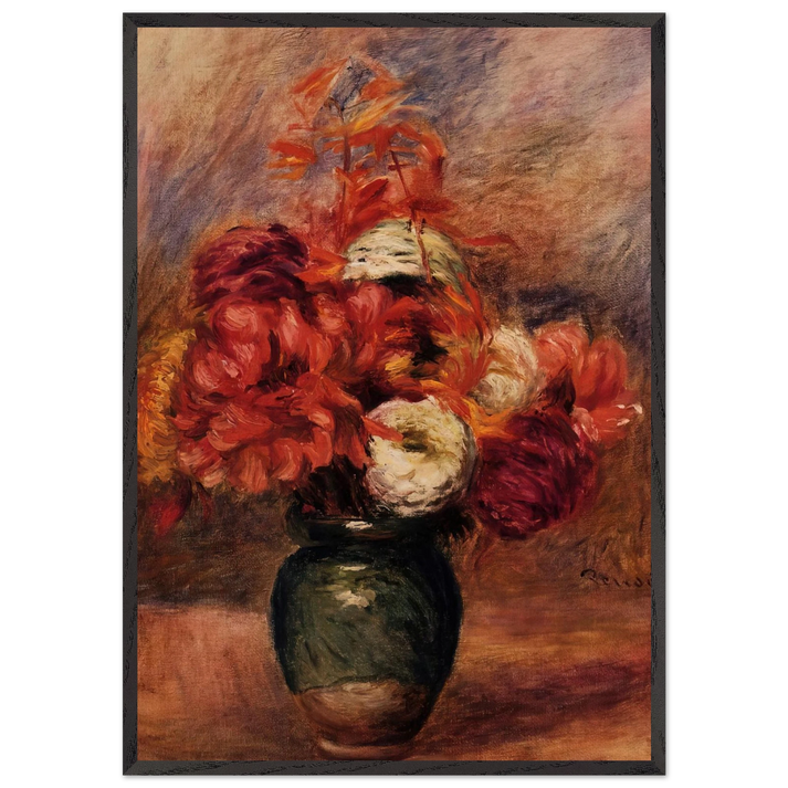 Flowers in a Green Vase Dahlilas and Asters - Pierre-Auguste Renoir 70x100 cm / 28x40 inches Framed Art Print – Black Wooden Frame