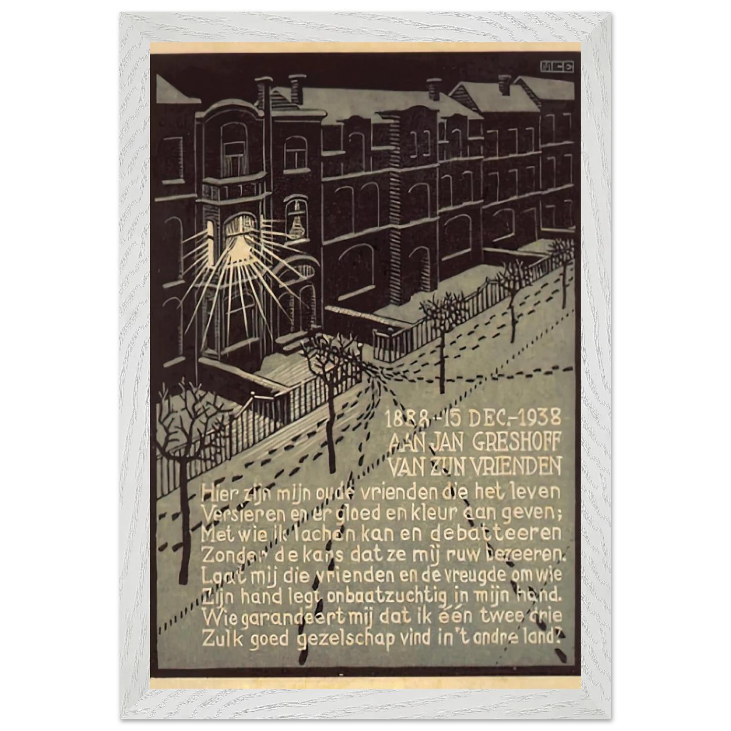 MC Escher - BIRTHDAY CARD FOR G GERSHOFF NOVEMBER 1938 1938 Wall Art - 60x80 cm / 24x32 inches - Premium Wooden Framed Poster With Fine Art Paper - White frame