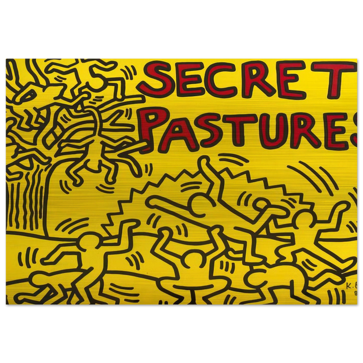 A POSTER FOR THE BILL T JONES AND ARNIE ZANE PERFORMANCE PIECE SECRET PASTURES 1984 - Keith Haring Brushed Aluminum Print - 70x100 cm / 28x40 inches | Keith Haring Aluminum Print | Keith Haring Prints