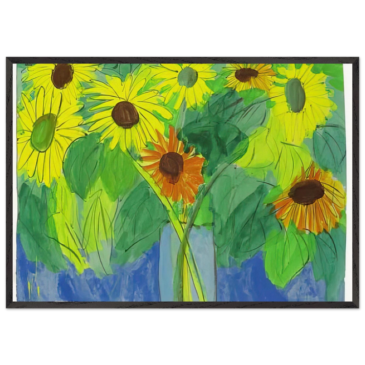 Orange and Yellow Sunflowers - Naive Art Primitivism Pop Art - Walasse Ting 70x100 cm / 28x40 inches Framed Art Print – Black Wooden Frame