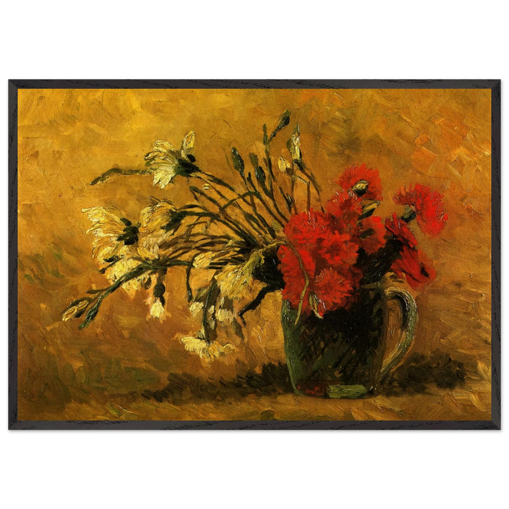 Vase with Red and White Carnations on a Yellow Background - Vincent van Gogh 70x100 cm / 28x40 inches Framed Art Print – Black Wooden Frame