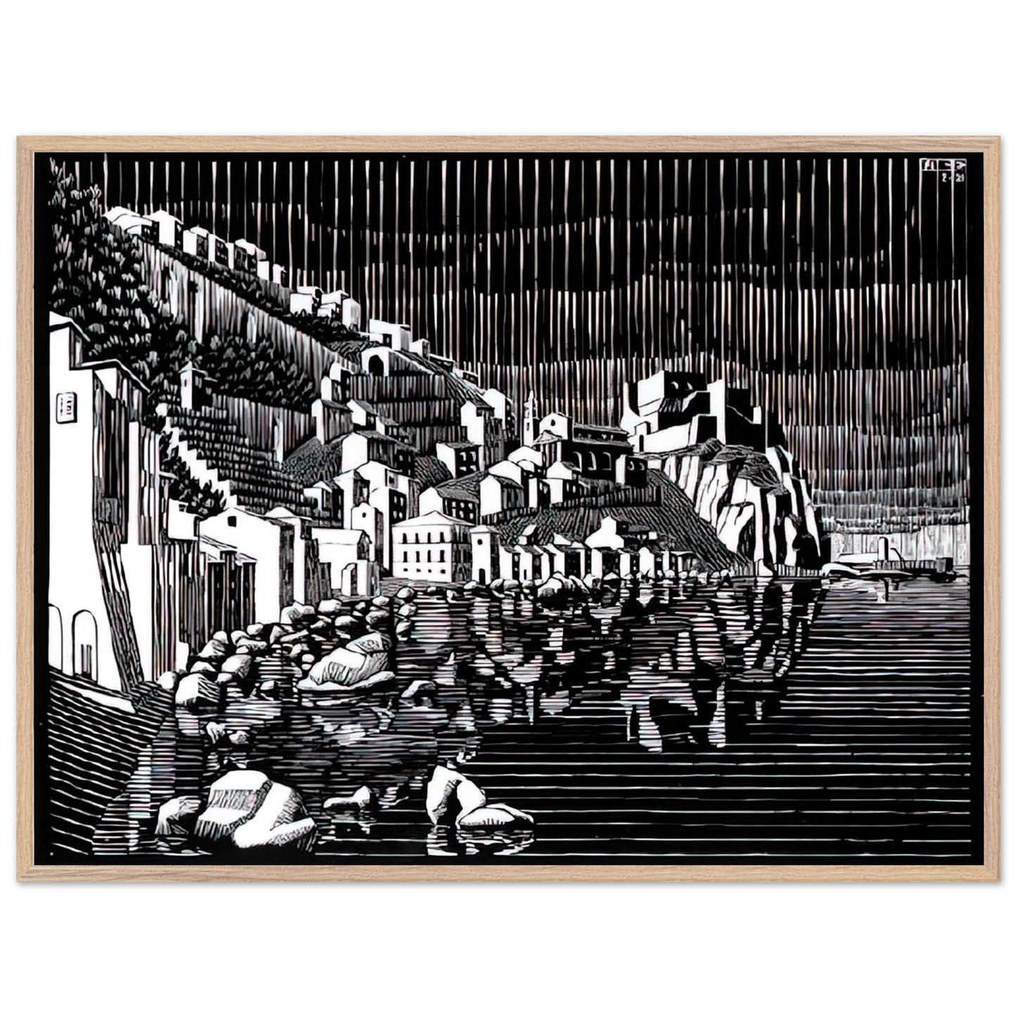 MC Escher - SCILLA CALABRIA FEBRUARY 1931 1931 Wall Art - 60x80 cm / 24x32 inches - Premium Wooden Framed Poster With Fine Art Paper - Wood frame