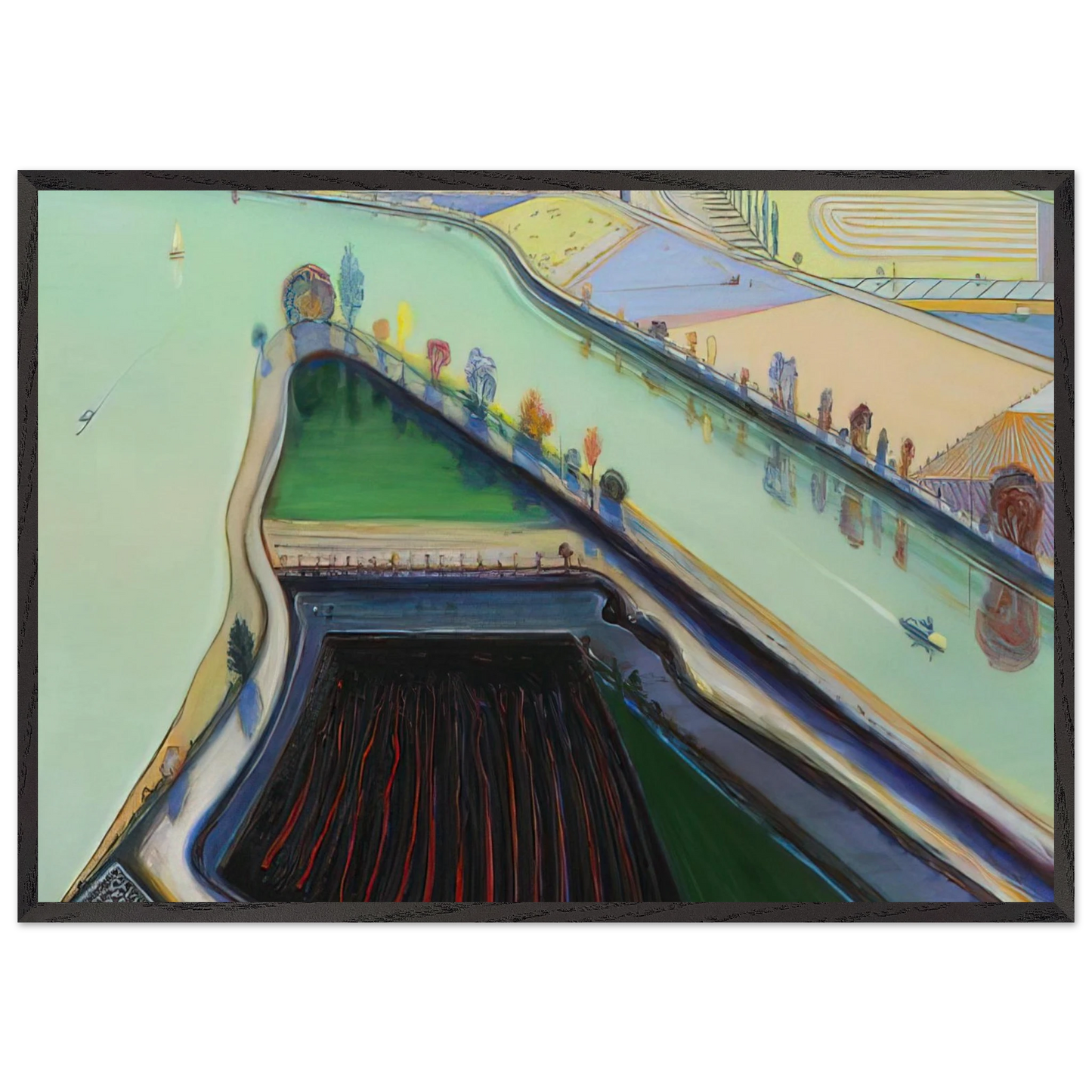River Boats - 2001 - Wayne Thiebaud Framed Art Print – Black Wooden Frame - Default Title - -Framed Art Print