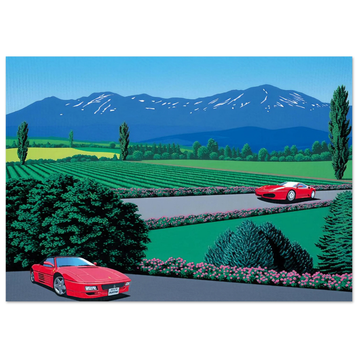 Hiroshi Nagai - Ferraris traversing the lands Wall Art - 30x40 cm / 12x16 inches - Premium Wooden Framed Poster With Fine Art Paper - White frame