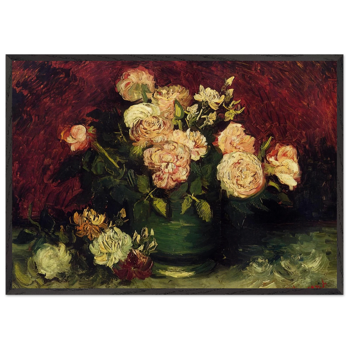 Bowl with Peonies and Roses - Vincent van Gogh 70x100 cm / 28x40 inches Framed Art Print – Black Wooden Frame