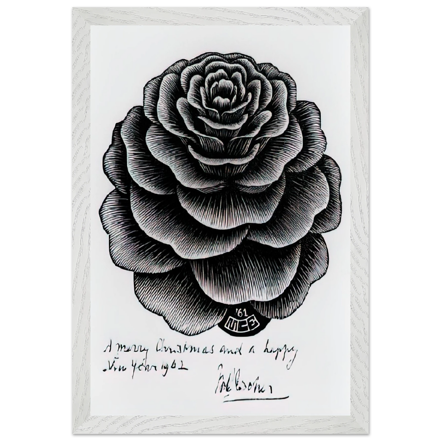 MC Escher - MERRY CHRISTMAS HAPPY NEW YEAR Wall Art - 60x80 cm / 24x32 inches - Premium Wooden Framed Poster With Fine Art Paper - Wood frame