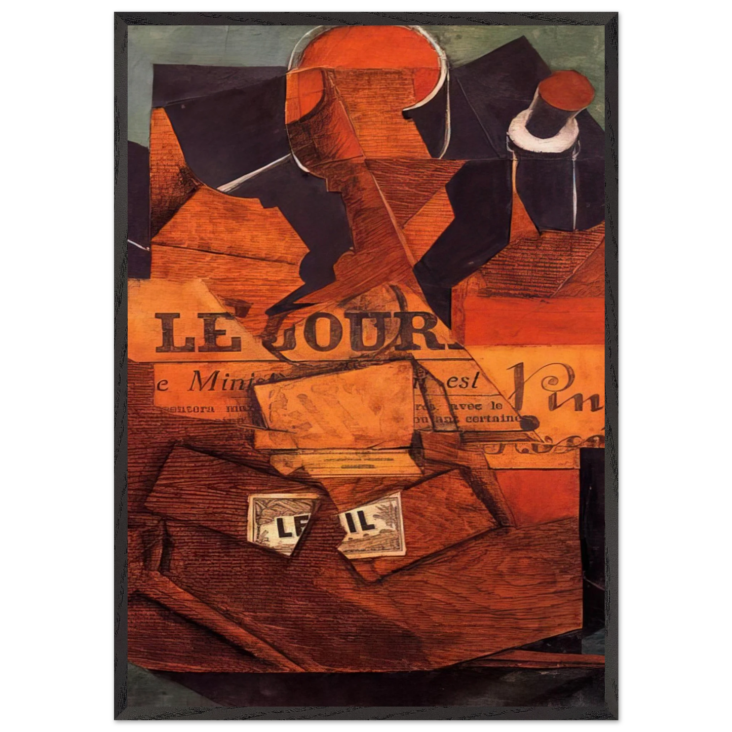 TOBACCO NEWSPAPER AND BOTTLE OF WINE 1914 - Juan Gris 70x100 cm / 28x40 inches Framed Art Print – Black Wooden Frame