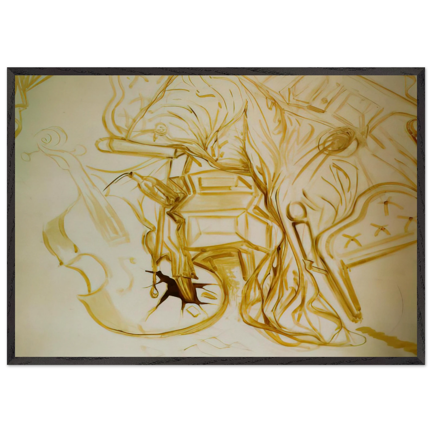 BED AND BEDSIDE TABLE FEROCIOUSLY ATTACKING A CELLO - Salvador Dali Framed Art Print – Black Wooden Frame - Default Title - -Framed Art Print