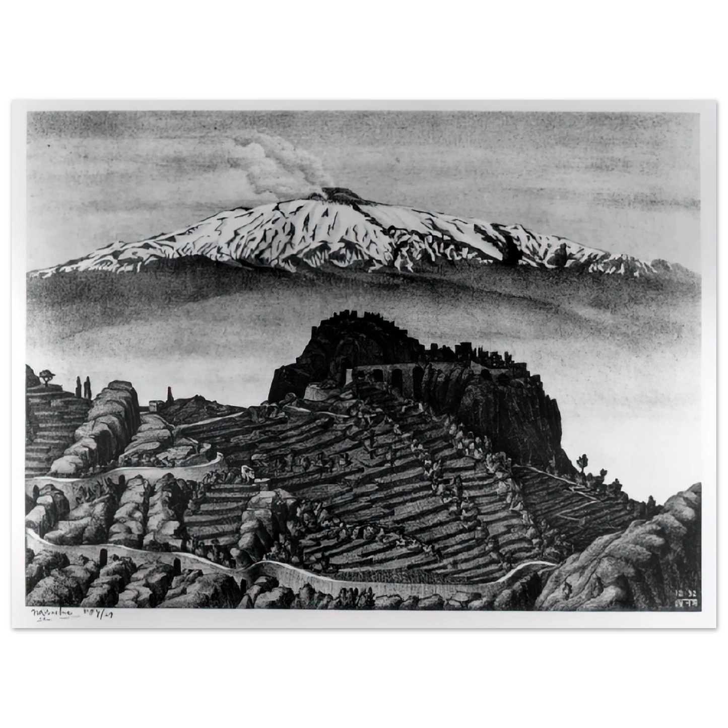 MC Escher - CASTEL MOLA AND MOUNT ETNA SICILY DECEMBER 1932 1932 Wall Art - 30x40 cm / 12x16 inches - Premium Wooden Framed Poster With Fine Art Paper - White frame