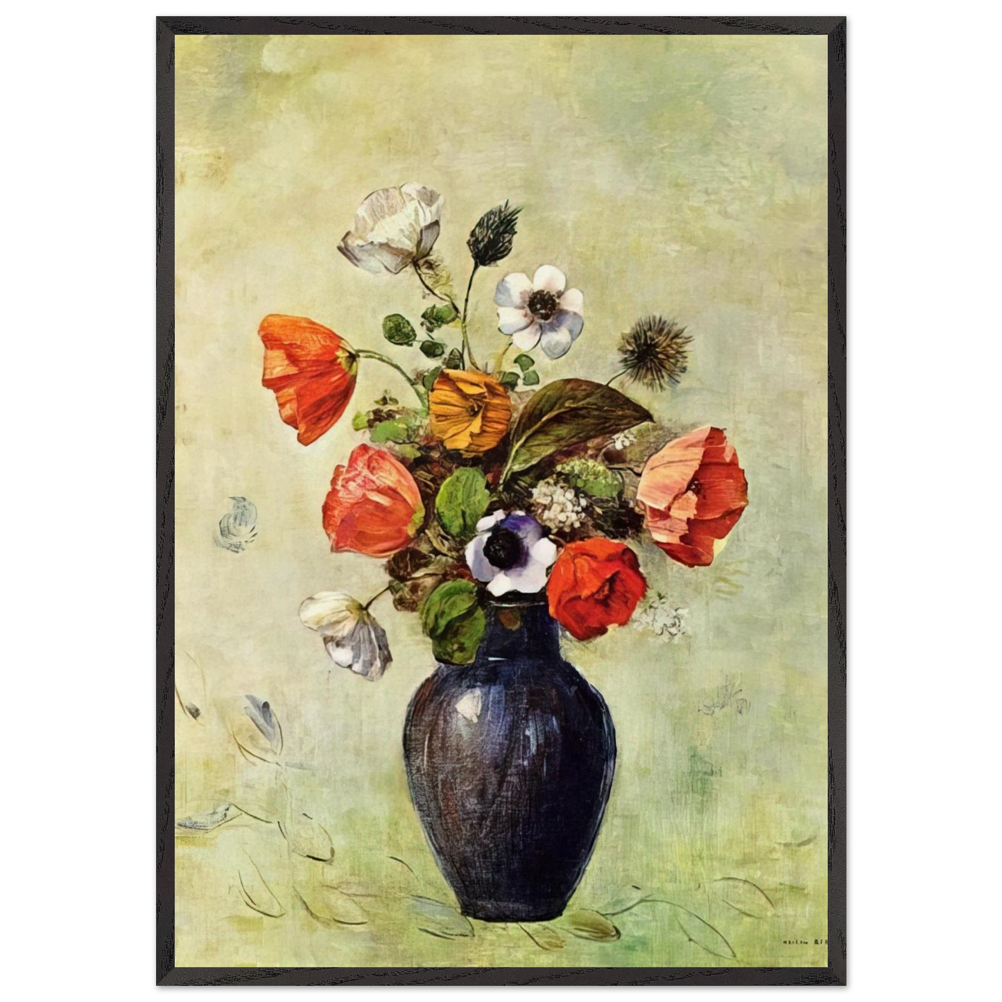 ANEMONES AND POPPIES IN A VASE - Odilon Redon 70x100 cm / 28x40 inches Framed Art Print – Black Wooden Frame