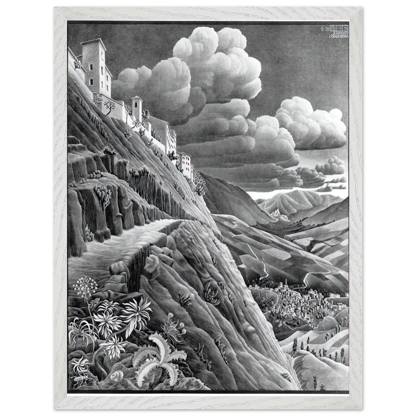 MC Escher - CASTROVALVA Wall Art - 60x80 cm / 24x32 inches - Premium Wooden Framed Poster With Fine Art Paper - Wood frame