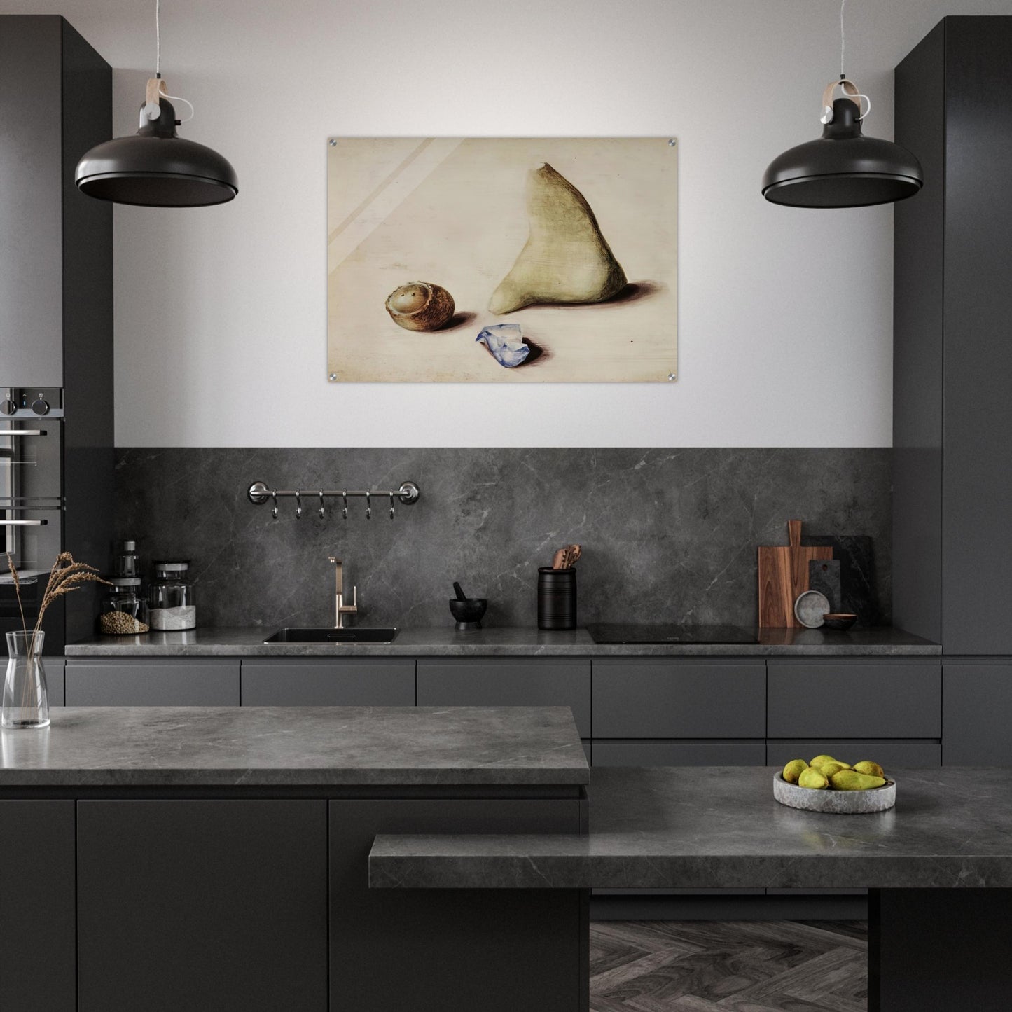 Pietra calcarea dalle Alpi Sveve Burgfelden, un pezzo di vetro grezzo dall’Adriatico Rimini, galle da Gubbio. Natale 38 - 1938 - Julius Bissier Acrylic Print - 70x100 cm / 28x40″ inches