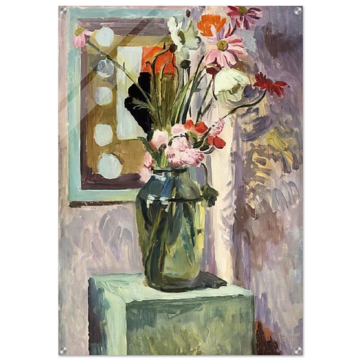 FLOWERS IN A GLASS VASE WITH ABSTRACT NEEDLEWORK DESIGN - Vanessa Bell Acrylic Print - 70x100 cm / 28x40″ inches | Vanessa Bell Wall Art | Vanessa Bell Prints